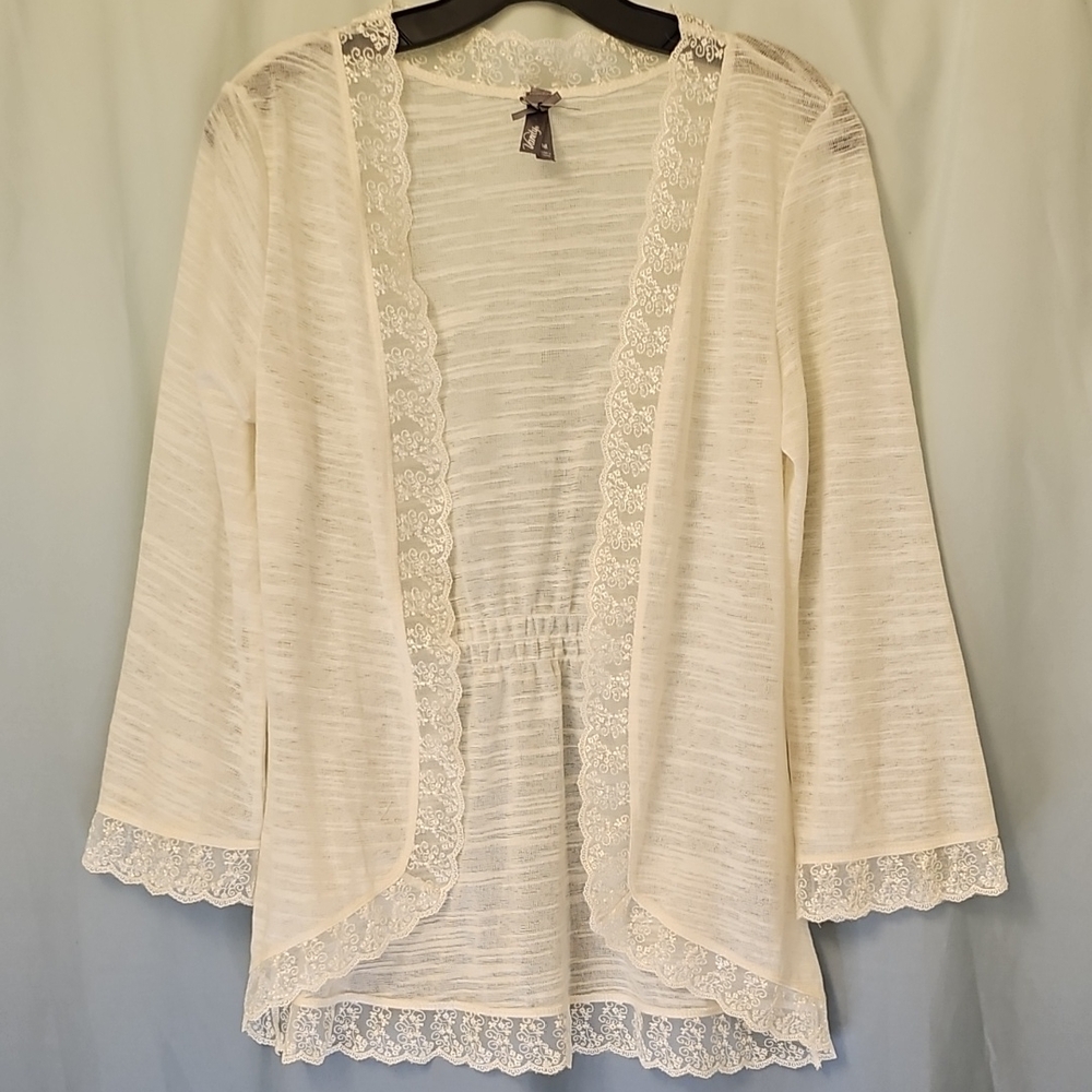 Vanity Cream Lace Trim Open Front Cardigan Sz Meduim Like New